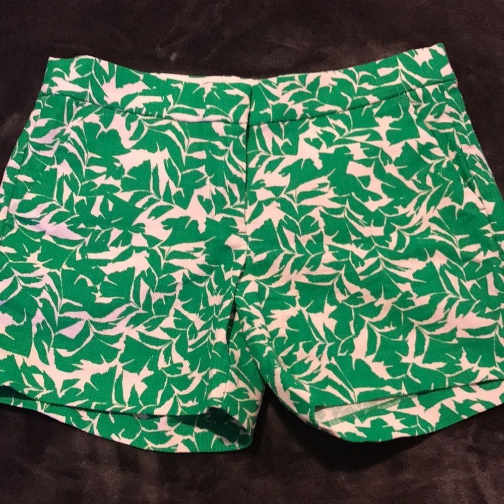 J. Crew Green and White Leaf-Print High Waist Shorts